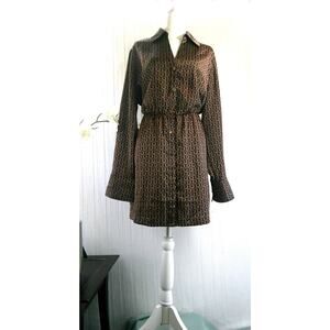 Sanctuary Brown Geometric Print Shirt Dress Long Sleeve Gold Buttons-XL NWT